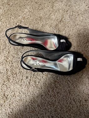 Touch of Nina Black Satin Slingback Peep-Toe Heels with Rhinestone Accent